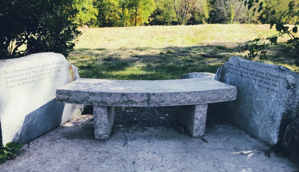 Stone bench in the Lone Tree Hill meadow open space. Dedicated June 2015